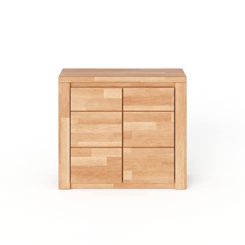Kommode Sideboard aus Kernbuche teilmassiv geölt mit drei Türen und drei Schubladen , Holzwerkstoff Kernbuchefarben (Korpus)/ Massivholz Kernbuche (Front) | Kernbuche , L: 90 x T 35 x H 80 cm Kommode Sideboard aus Kernbuche teilmassiv geölt mit drei Türen und drei Schubladen , Holzwerkstoff Kernbuchefarben (Korpus)/ Massivholz Kernbuche (Front) | Kernbuche , L: 90 x T 35 x H 80 cm