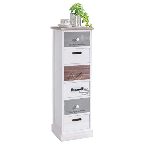 CARO-Möbel Standregal Aviano mit 6 Schubladen, kleine Kommode im Vintage Stil, Schubladenkommode im Shabby Look, Weiß, 29 x 91 x 27 cm CARO-Möbel Standregal Aviano mit 6 Schubladen, kleine Kommode im Vintage Stil, Schubladenkommode im Shabby Look, Weiß, 29 x 91 x 27 cm