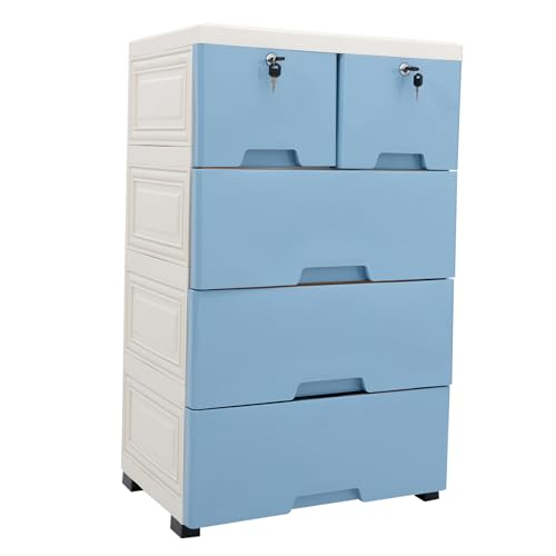 QIERF Schubladenschrank mit 6 Schubladen, PP Kunststoff Kommode, Nachtkommode mit 4 Rollen und Schlössern für Schlafzimmer und Wohnzimmer, 50x35x102cm, Weiß Blau QIERF Schubladenschrank mit 6 Schubladen, PP Kunststoff Kommode, Nachtkommode mit 4 Rollen und Schlössern für Schlafzimmer und Wohnzimmer, 50x35x102cm, Weiß Blau