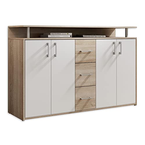 DRIFT Sideboard mit Ablage in Eiche Sonoma Optik, Weiß - Moderne Kommode mit Schubladen und viel Stauraum für Ihren Wohnbereich - 139 x 90 x 34 cm (B/H/T) DRIFT Sideboard mit Ablage in Eiche Sonoma Optik, Weiß - Moderne Kommode mit Schubladen und viel Stauraum für Ihren Wohnbereich - 139 x 90 x 34 cm (B/H/T)