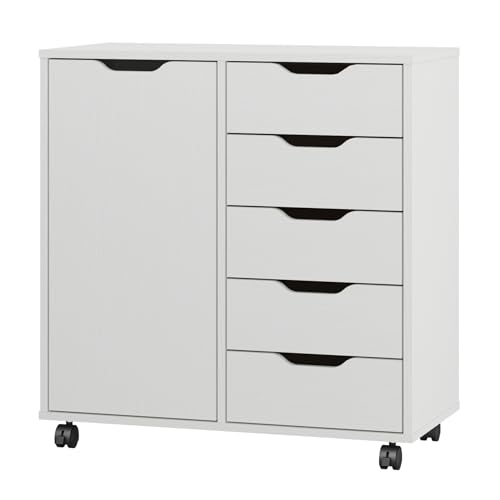 Panana Kommode mit 5 Schubladen und 1 Tür, Holzkommode mit Rollen, Büroorganisation und Aufbewahrung, Schlafzimmermöbel (Weiß, S) Panana Kommode mit 5 Schubladen und 1 Tür, Holzkommode mit Rollen, Büroorganisation und Aufbewahrung, Schlafzimmermöbel (Weiß, S)