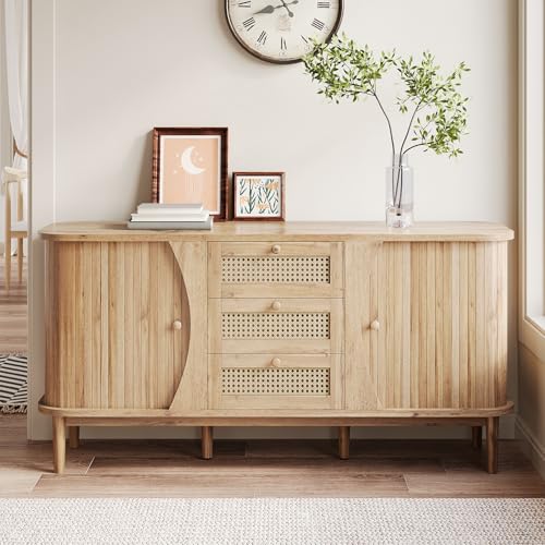 Rattan Sideboard 140.5 x 40 x 76cm, Kommode mit 3 Schubladen, Schiebetüren und verstellbaren Ablagen, Holz Schubladenkommode für Schlafzimmer Wohnzimmer Flur Komodenschrank (140.5 x 40 x 76cm) Rattan Sideboard 140.5 x 40 x 76cm, Kommode mit 3 Schubladen, Schiebetüren und verstellbaren Ablagen, Holz Schubladenkommode für Schlafzimmer Wohnzimmer Flur Komodenschrank (140.5 x 40 x 76cm)