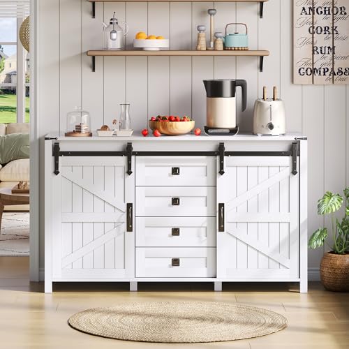 Soweiz Vintage-Kaffeebar-Sideboa rd, Sideboard mit Stauraum, breiter Seitenschrank mit Schiebetüren und 4 Schubladen, geeignet für Küche, Esszimmer und Wohnzimmer, weiß, 137x40x81.5 cm Soweiz Vintage-Kaffeebar-Sideboa rd, Sideboard mit Stauraum, breiter Seitenschrank mit Schiebetüren und 4 Schubladen, geeignet für Küche, Esszimmer und Wohnzimmer, weiß, 137x40x81.5 cm