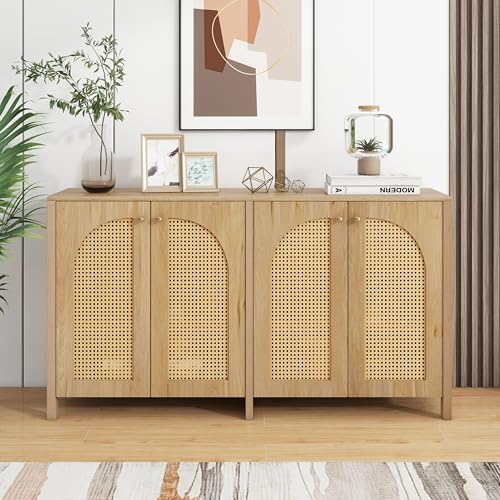 KecDuey Modernes Sideboard, Kommode im minimalistischen Stil 4-Rattantür, Metallgriff einfaches Buffetschrank für Esszimmer, Wohnzimmer, Küche (Naturholz) KecDuey Modernes Sideboard, Kommode im minimalistischen Stil 4-Rattantür, Metallgriff einfaches Buffetschrank für Esszimmer, Wohnzimmer, Küche (Naturholz)