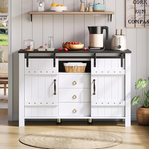 Landhausstil Sideboard Kommode mit 2 Schiebetüren und 3 Schubladen, Küchenschrank Aufbewahrungsschrank Buffetschrank Küchenbuffet Mit Offene Staufächer für Küchen, Wohnzimmer, 120×40×80cm, Weiß Landhausstil Sideboard Kommode mit 2 Schiebetüren und 3 Schubladen, Küchenschrank Aufbewahrungsschrank Buffetschrank Küchenbuffet Mit Offene Staufächer für Küchen, Wohnzimmer, 120×40×80cm, Weiß