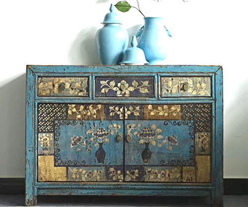 OPIUM OUTLET chinesische Kommode Schlafzimmer, Sideboard Schrank Vintage asiatisch orientalisch Anrichte blau Shabby Chic Hochzeitsschrank antik Holz
