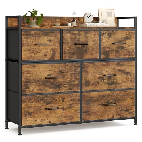SONGMICS Kommode, Schrank, 7 Stoffschubladen mit Griffen, Metallgestell, Industrie-Design, vintagebraun-tintenschwar z LTS137B01
