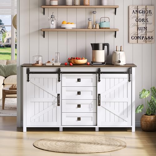 HAINEW Landhausstil Sideboard Kommode mit 2 Schiebetüren und 4 Schubladen, Küchenschrank Aufbewahrungsschrank Buffetschrank Küchenbuffet für Küchen, Wohnzimmer, 137×40×81,5cm, Weiß HAINEW Landhausstil Sideboard Kommode mit 2 Schiebetüren und 4 Schubladen, Küchenschrank Aufbewahrungsschrank Buffetschrank Küchenbuffet für Küchen, Wohnzimmer, 137×40×81,5cm, Weiß