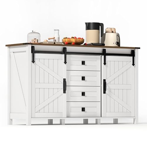 Solisburne Küchenschrank mit Stauraum, Sideboard 140 cm breiter mit Schiebetüren und 4 Schublad Vintage Buffetschrank Standschrank Anrichte Schrank für Küche Wohnzimmer Esszimmer, Weiß, 137×40×81 Solisburne Küchenschrank mit Stauraum, Sideboard 140 cm breiter mit Schiebetüren und 4 Schublad Vintage Buffetschrank Standschrank Anrichte Schrank für Küche Wohnzimmer Esszimmer, Weiß, 137×40×81