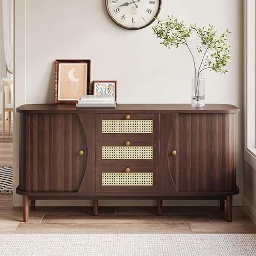 Lcoho Sideboard, Rattankommode, Kommode mit Schiebetüren, verstellbaren Einlegeböden, gewölbter Platte (Holzfarbe) Lcoho Sideboard, Rattankommode, Kommode mit Schiebetüren, verstellbaren Einlegeböden, gewölbter Platte (Holzfarbe)
