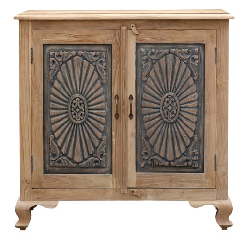 Marrakesch Vintage Kommode mit Türen aus Teak Holz 92cm | Skandinavische Deko kleines Sideboard Komode Abagail handgeschnitzt für stilvolle Aufbewahrung & Dekoration im Wohnzimmer & Schlafzimmer Marrakesch Vintage Kommode mit Türen aus Teak Holz 92cm | Skandinavische Deko kleines Sideboard Komode Abagail handgeschnitzt für stilvolle Aufbewahrung & Dekoration im Wohnzimmer & Schlafzimmer