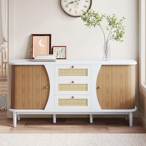 Kebnor Sideboard, Rattanschrank mit Schubladen, Kommode mit Schiebetüren (Weiß und Holzfarbe) Kebnor Sideboard, Rattanschrank mit Schubladen, Kommode mit Schiebetüren (Weiß und Holzfarbe)