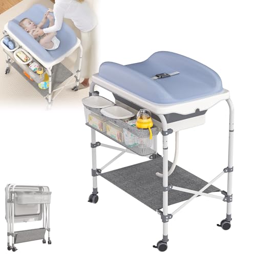 TWOLIIN 4 in 1 Wickeltisch mit Badewanne – Tragbarer Wickelständer mit seitlichem Hängekorb und Stauraum, klappbare Baby Wickelkommode für 0–3 Jahre, Babybadewanne mit Ständer bis 50 kg belastbar TWOLIIN 4 in 1 Wickeltisch mit Badewanne – Tragbarer Wickelständer mit seitlichem Hängekorb und Stauraum, klappbare Baby Wickelkommode für 0–3 Jahre, Babybadewanne mit Ständer bis 50 kg belastbar