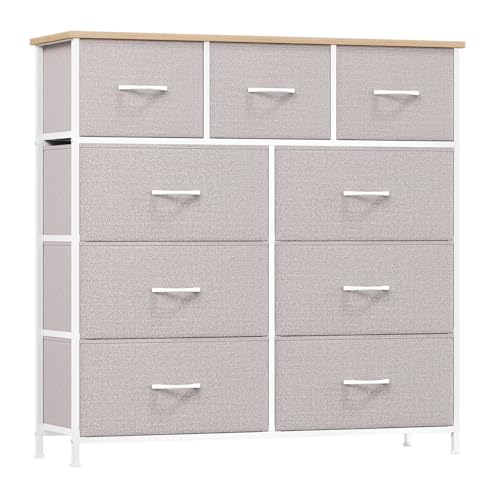 Somdot 9 Schubladen aus Stoff, Sideboard Holzplatte, Schrank Wohnzimmer Kinderzimmer Flur, Komodenschrank, Küchenschrank, Schlafzimmerschrank, Ashgrau
