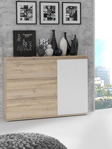 Forte COLLET Kommode mit 4 Schubladen und 1 Tür, Holzwerkstoff, Bianco Eiche/Weiß, B x H x T: 115,7 x 90,3 x 41,3 cm