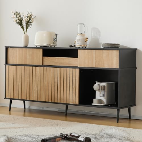 NovaFurnish Kommode mit 4 Schiebetüren und 1 Schublade, Eiche kombiniert mit Schwarz, Maße: 160X40X80CM NovaFurnish Kommode mit 4 Schiebetüren und 1 Schublade, Eiche kombiniert mit Schwarz, Maße: 160X40X80CM