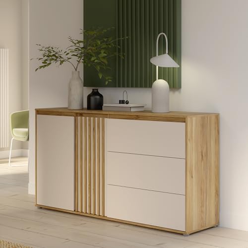 Forte ELISTON Kommode 160, modernes Sideboard mit Lamellendesign, 2-türig, 3 Schubladen, Wohn-/Schlafzimmer, Mauvella Eiche Holzdekor|Kashmir Beige, 159,3 cm breit x 84,9 cm hoch x 41,5 cm tief Forte ELISTON Kommode 160, modernes Sideboard mit Lamellendesign, 2-türig, 3 Schubladen, Wohn-/Schlafzimmer, Mauvella Eiche Holzdekor|Kashmir Beige, 159,3 cm breit x 84,9 cm hoch x 41,5 cm tief