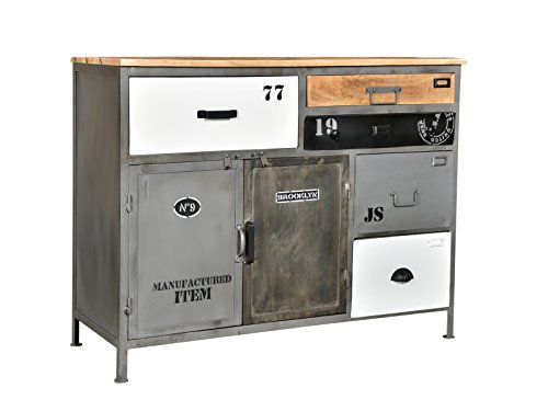 Woodkings® Sideboard Pinetown Metall recyceltes Massivholz antik, Anrichte Vintage, Design Kommode 5 Schubladen, Industrial Möbel Metall Holz Mix Woodkings® Sideboard Pinetown Metall recyceltes Massivholz antik, Anrichte Vintage, Design Kommode 5 Schubladen, Industrial Möbel Metall Holz Mix