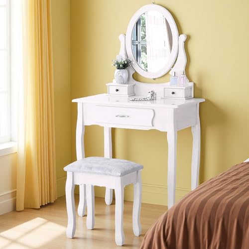 DAHUEN Schminktisch mit Spiegel, Kosmetiktisch mit Hocker & Schubladen, Frisiertisch Abnehmbarer Oberteil, Frisierkommode Schminkkommode (Weiß) DAHUEN Schminktisch mit Spiegel, Kosmetiktisch mit Hocker & Schubladen, Frisiertisch Abnehmbarer Oberteil, Frisierkommode Schminkkommode (Weiß)