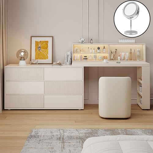 Moderne Kommode mit 6 Schubladen, mit Spiegel, sanft schließende Aufbewahrungsbox, Massivholz, Schminktisch für Schlafzimmer, einfache Montage (100 cm x 40 cm x 75 cm), stilvolle und funktionale Möbel Moderne Kommode mit 6 Schubladen, mit Spiegel, sanft schließende Aufbewahrungsbox, Massivholz, Schminktisch für Schlafzimmer, einfache Montage (100 cm x 40 cm x 75 cm), stilvolle und funktionale Möbel