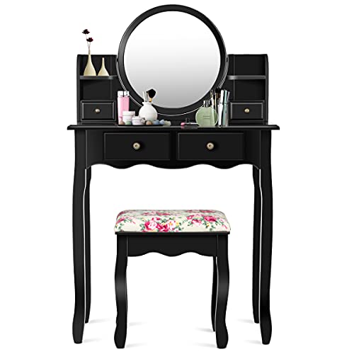 COSTWAY Schminktisch Set mit Hocker, Kosmetiktisch mit um 360° drehbarem & abnehmbarem Spiegel, Frisiertisch Schminkkommode mit mit 4 Schubladen & 2 Regalen (Schwarz)