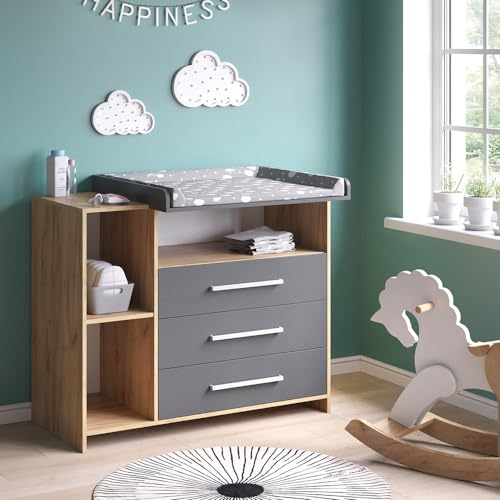 Vicco Oskar, Wickelaufsatz Kommode, Goldkraft Eiche/Anthrazit, 113 x 100 cm