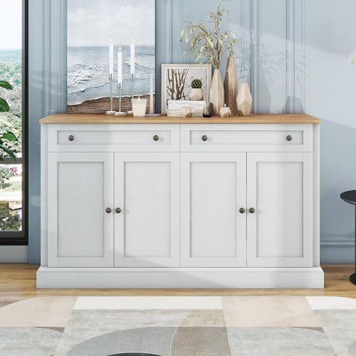 YCYDHDM Sideboard, Kommode mit 4 Türen und 2 Schubladen, Mehrzweckschrank, Anrichte mit verstellbare Regale, für Schlafzimmer Wohnzimmer Küche, Antikweiß+Naturholz YCYDHDM Sideboard, Kommode mit 4 Türen und 2 Schubladen, Mehrzweckschrank, Anrichte mit verstellbare Regale, für Schlafzimmer Wohnzimmer Küche, Antikweiß+Naturholz