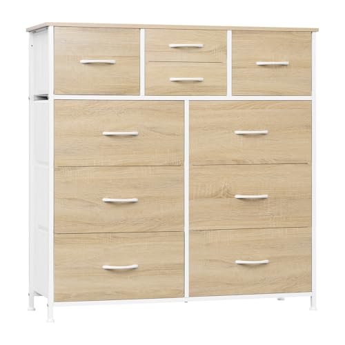 WOLTU Kommode mit 10 Schubladen aus Stoff, Sideboard Wohnzimmer, Kommodenschrank Schlafzimmer, Flur Schrank, aus Metallrahmen, industrieller Stil, Helle Eiche + Weiß, SSK009whe WOLTU Kommode mit 10 Schubladen aus Stoff, Sideboard Wohnzimmer, Kommodenschrank Schlafzimmer, Flur Schrank, aus Metallrahmen, industrieller Stil, Helle Eiche + Weiß, SSK009whe