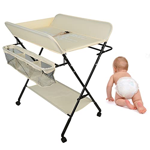 Willonin Baby Wickelkombi,klappbare Wickelkommode, mobiler Wickeltisch mit Wickelauflage, Giraffen-Muster, Geräuschlos schwenkbare Räder (Beige) Willonin Baby Wickelkombi,klappbare Wickelkommode, mobiler Wickeltisch mit Wickelauflage, Giraffen-Muster, Geräuschlos schwenkbare Räder (Beige)