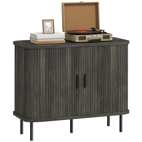 HOMCOM Mid-Century Modern Sideboard Aufbewahrungsschrank mit Slatted Tambour Schiebetüren, Küchenschrank mit Stahlfüßen, Grau HOMCOM Mid-Century Modern Sideboard Aufbewahrungsschrank mit Slatted Tambour Schiebetüren, Küchenschrank mit Stahlfüßen, Grau