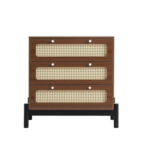 Klassische Kommode, Schrank mit 3 Schubladen, mit Rattan-Schubladenplatte, mit runden silbernen Metallknöpfen und schwarzen Beinrahmen, Stauraum im Wohnzimmer und Schlafzimmer, Kiefer, MDF, PVC-Rattan Klassische Kommode, Schrank mit 3 Schubladen, mit Rattan-Schubladenplatte, mit runden silbernen Metallknöpfen und schwarzen Beinrahmen, Stauraum im Wohnzimmer und Schlafzimmer, Kiefer, MDF, PVC-Rattan
