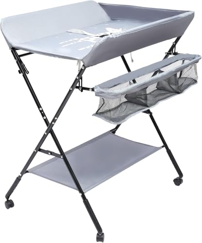 HarBin-Star - Wickeltisch Badewanne, Klappbare Wickelstation, Mobil Wickelkommode, Baby Wickeltisch mit Sicherheitsgurt und Aufbewahrungsfächern, Wickelstation, mit Rollen, Dunkelgrau HarBin-Star - Wickeltisch Badewanne, Klappbare Wickelstation, Mobil Wickelkommode, Baby Wickeltisch mit Sicherheitsgurt und Aufbewahrungsfächern, Wickelstation, mit Rollen, Dunkelgrau