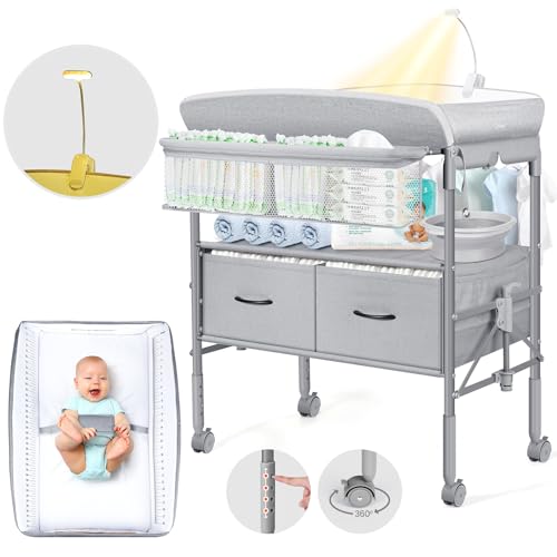 Orzbow Tragbarkeit Baby Wickelkommode mit Schubladen und Nachtlicht, Höhenverstellbare Mobiler Baby Wickeltisch Klappbar mit Sicherheitsgurt, Geräumiger Stauraum Baby Changing Table, Grau Orzbow Tragbarkeit Baby Wickelkommode mit Schubladen und Nachtlicht, Höhenverstellbare Mobiler Baby Wickeltisch Klappbar mit Sicherheitsgurt, Geräumiger Stauraum Baby Changing Table, Grau