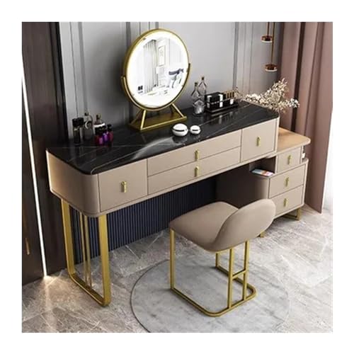 Moderner Schminktisch mit geräumigen Schubladen, Spiegel und Hocker, stilvoller Champagner-Kommode mit Aufbewahrungsschrank für Schönheit und Pflege Moderner Schminktisch mit geräumigen Schubladen, Spiegel und Hocker, stilvoller Champagner-Kommode mit Aufbewahrungsschrank für Schönheit und Pflege