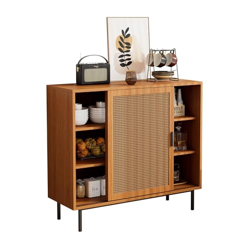 Azkoeesy Rattan Sideboard mit Schiebetüren, Walnussfarbe, 100 x 90 x 37 cm, Landhausstil Buffet Wohnzimmerschrank Azkoeesy Rattan Sideboard mit Schiebetüren, Walnussfarbe, 100 x 90 x 37 cm, Landhausstil Buffet Wohnzimmerschrank
