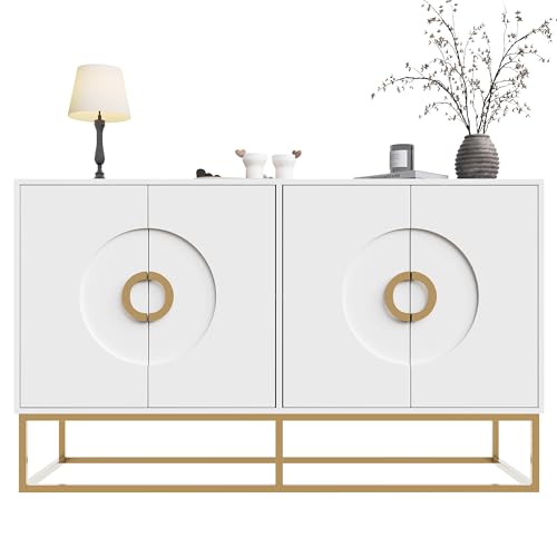 I0I&I0I Sideboard aus MDF mit 4 Türen, Ablagefächern & Eisenfüßen, Esszimmerschrank Wohnzimmer Kommode mit Rundgriffen, Stauraum Schrank modern mit Schiebetüren & Kippsicherung (Weiß) I0I&I0I Sideboard aus MDF mit 4 Türen, Ablagefächern & Eisenfüßen, Esszimmerschrank Wohnzimmer Kommode mit Rundgriffen, Stauraum Schrank modern mit Schiebetüren & Kippsicherung (Weiß)